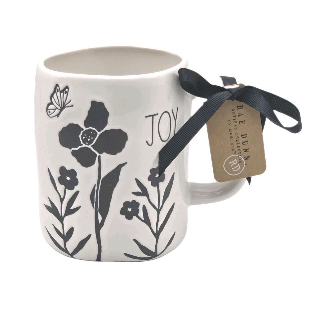 Rae Dunn Joy Floral Butterfly Coffee Mug 16oz White Black Ceramic Embossed
